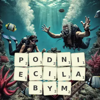 Kreatywna ilustracja do gry w Scrabble ze słowem PODNIECILABYM ułożonym z płytek na planszy.