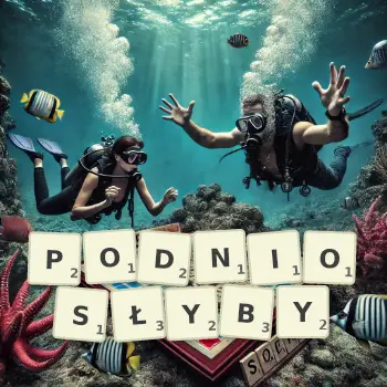 Kreatywna ilustracja do gry w Scrabble ze słowem PODNIOSŁYBY ułożonym z płytek na planszy.