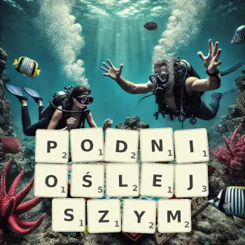 Kreatywna ilustracja do gry w Scrabble ze słowem PODNIOŚLEJSZYM ułożonym z płytek na planszy.