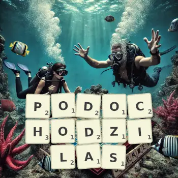 Kreatywna ilustracja do gry w Scrabble ze słowem PODOCHODZILAS ułożonym z płytek na planszy.