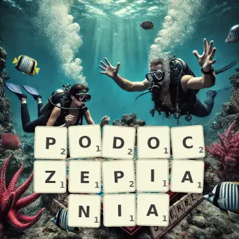 Kreatywna ilustracja do gry w Scrabble ze słowem PODOCZEPIANIA ułożonym z płytek na planszy.
