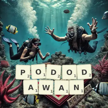 Kreatywna ilustracja do gry w Scrabble ze słowem PODODAWAN ułożonym z płytek na planszy.