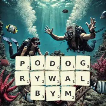 Kreatywna ilustracja do gry w Scrabble ze słowem PODOGRYWALBYM ułożonym z płytek na planszy.