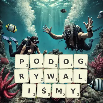 Kreatywna ilustracja do gry w Scrabble ze słowem PODOGRYWALIŚMY ułożonym z płytek na planszy.