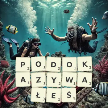 Kreatywna ilustracja do gry w Scrabble ze słowem PODOKAZYWAŁEŚ ułożonym z płytek na planszy.