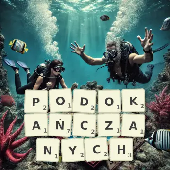 Kreatywna ilustracja do gry w Scrabble ze słowem PODOKAŃCZANYCH ułożonym z płytek na planszy.