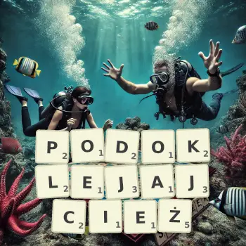 Kreatywna ilustracja do gry w Scrabble ze słowem PODOKLEJAJCIEŻ ułożonym z płytek na planszy.