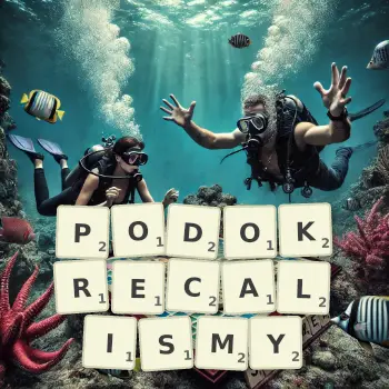 Kreatywna ilustracja do gry w Scrabble ze słowem PODOKRECALISMY ułożonym z płytek na planszy.