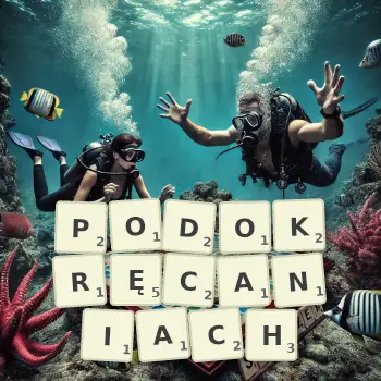 Kreatywna ilustracja do gry w Scrabble ze słowem PODOKRĘCANIACH ułożonym z płytek na planszy.