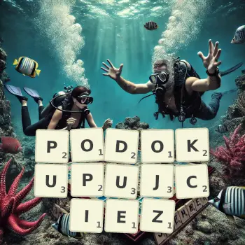 Kreatywna ilustracja do gry w Scrabble ze słowem PODOKUPUJCIEZ ułożonym z płytek na planszy.