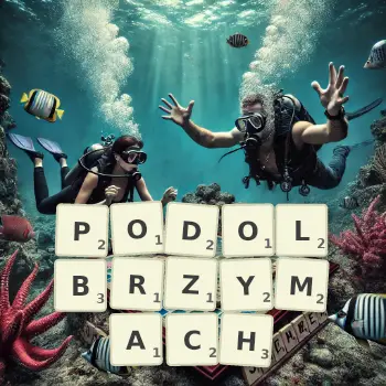 Kreatywna ilustracja do gry w Scrabble ze słowem PODOLBRZYMACH ułożonym z płytek na planszy.