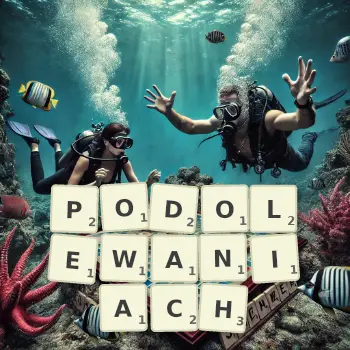 Kreatywna ilustracja do gry w Scrabble ze słowem PODOLEWANIACH ułożonym z płytek na planszy.