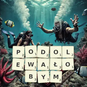 Kreatywna ilustracja do gry w Scrabble ze słowem PODOLEWAŁOBYM ułożonym z płytek na planszy.