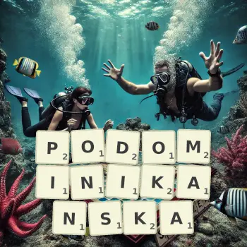 Kreatywna ilustracja do gry w Scrabble ze słowem PODOMINIKANSKA ułożonym z płytek na planszy.