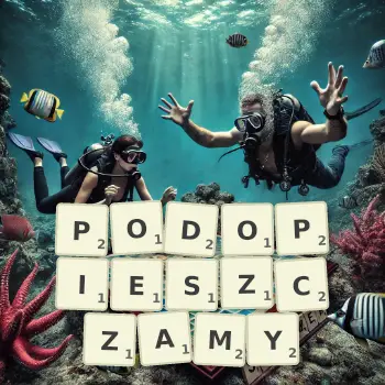 Kreatywna ilustracja do gry w Scrabble ze słowem PODOPIESZCZAMY ułożonym z płytek na planszy.