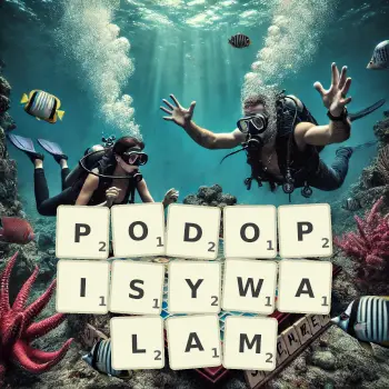 Kreatywna ilustracja do gry w Scrabble ze słowem PODOPISYWALAM ułożonym z płytek na planszy.