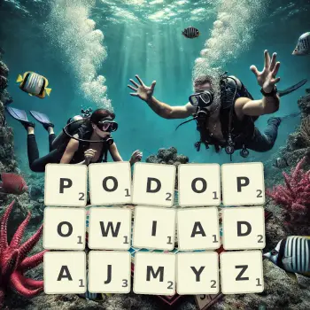 Kreatywna ilustracja do gry w Scrabble ze słowem PODOPOWIADAJMYZ ułożonym z płytek na planszy.