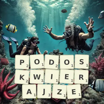 Kreatywna ilustracja do gry w Scrabble ze słowem PODOSKWIERAJZE ułożonym z płytek na planszy.