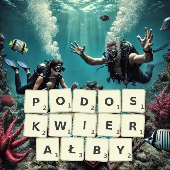 Kreatywna ilustracja do gry w Scrabble ze słowem PODOSKWIERAŁBY ułożonym z płytek na planszy.