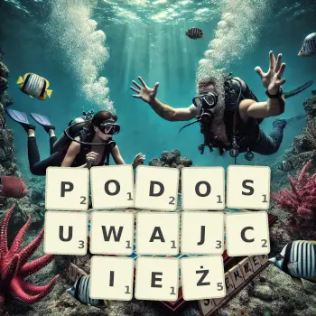 Kreatywna ilustracja do gry w Scrabble ze słowem PODOSUWAJCIEŻ ułożonym z płytek na planszy.