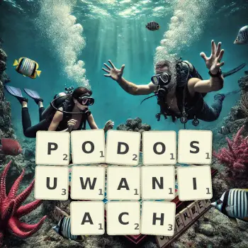 Kreatywna ilustracja do gry w Scrabble ze słowem PODOSUWANIACH ułożonym z płytek na planszy.