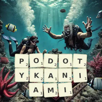 Kreatywna ilustracja do gry w Scrabble ze słowem PODOTYKANIAMI ułożonym z płytek na planszy.