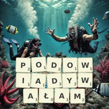 Kreatywna ilustracja do gry w Scrabble ze słowem PODOWIADYWAŁAM ułożonym z płytek na planszy.