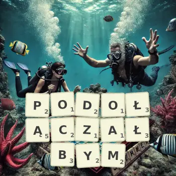 Kreatywna ilustracja do gry w Scrabble ze słowem PODOŁĄCZAŁBYM ułożonym z płytek na planszy.