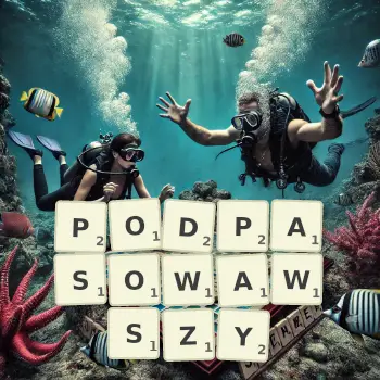 Kreatywna ilustracja do gry w Scrabble ze słowem PODPASOWAWSZY ułożonym z płytek na planszy.