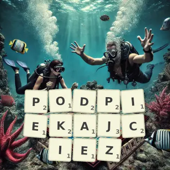 Kreatywna ilustracja do gry w Scrabble ze słowem PODPIEKAJCIEZ ułożonym z płytek na planszy.