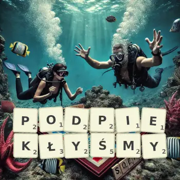 Kreatywna ilustracja do gry w Scrabble ze słowem PODPIEKŁYŚMY ułożonym z płytek na planszy.