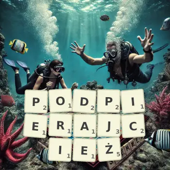 Kreatywna ilustracja do gry w Scrabble ze słowem PODPIERAJCIEŻ ułożonym z płytek na planszy.
