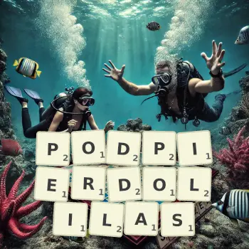 Kreatywna ilustracja do gry w Scrabble ze słowem PODPIERDOLILAS ułożonym z płytek na planszy.