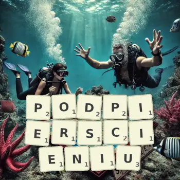 Kreatywna ilustracja do gry w Scrabble ze słowem PODPIERSCIENIU ułożonym z płytek na planszy.