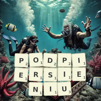Kreatywna ilustracja do gry w Scrabble ze słowem PODPIERSIENIU ułożonym z płytek na planszy.