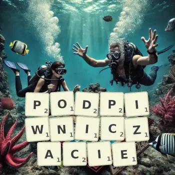 Kreatywna ilustracja do gry w Scrabble ze słowem PODPIWNICZACIE ułożonym z płytek na planszy.