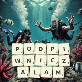 Kreatywna ilustracja do gry w Scrabble ze słowem PODPIWNICZALAM ułożonym z płytek na planszy.