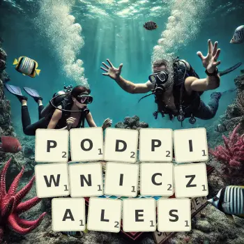 Kreatywna ilustracja do gry w Scrabble ze słowem PODPIWNICZALES ułożonym z płytek na planszy.