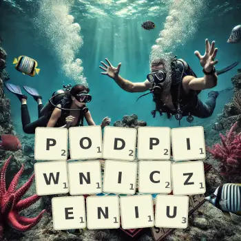 Kreatywna ilustracja do gry w Scrabble ze słowem PODPIWNICZENIU ułożonym z płytek na planszy.
