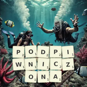 Kreatywna ilustracja do gry w Scrabble ze słowem PODPIWNICZONA ułożonym z płytek na planszy.