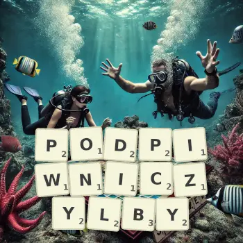 Kreatywna ilustracja do gry w Scrabble ze słowem PODPIWNICZYLBY ułożonym z płytek na planszy.