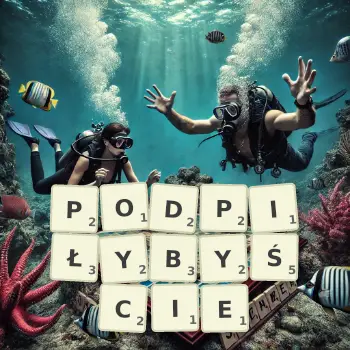 Kreatywna ilustracja do gry w Scrabble ze słowem PODPIŁYBYŚCIE ułożonym z płytek na planszy.