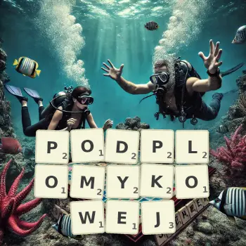 Kreatywna ilustracja do gry w Scrabble ze słowem PODPLOMYKOWEJ ułożonym z płytek na planszy.