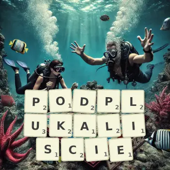 Kreatywna ilustracja do gry w Scrabble ze słowem PODPLUKALISCIE ułożonym z płytek na planszy.