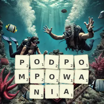 Kreatywna ilustracja do gry w Scrabble ze słowem PODPOMPOWANIA ułożonym z płytek na planszy.
