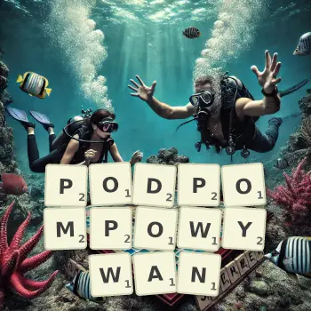 Kreatywna ilustracja do gry w Scrabble ze słowem PODPOMPOWYWAN ułożonym z płytek na planszy.