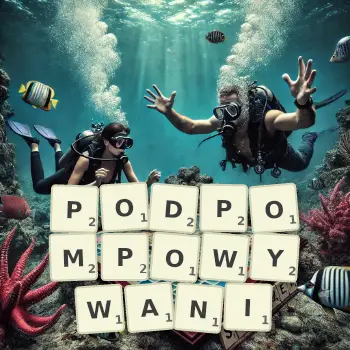 Kreatywna ilustracja do gry w Scrabble ze słowem PODPOMPOWYWANI ułożonym z płytek na planszy.