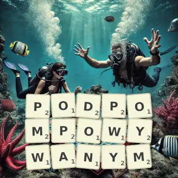 Kreatywna ilustracja do gry w Scrabble ze słowem PODPOMPOWYWANYM ułożonym z płytek na planszy.