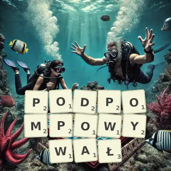 Kreatywna ilustracja do gry w Scrabble ze słowem PODPOMPOWYWAŁ ułożonym z płytek na planszy.