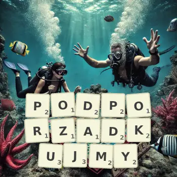 Kreatywna ilustracja do gry w Scrabble ze słowem PODPORZADKUJMY ułożonym z płytek na planszy.